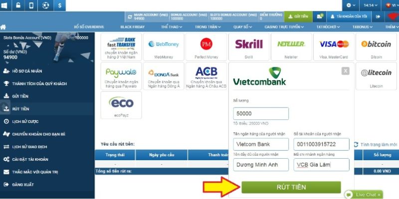Rút tiền 1xbet đảm bảo an toàn với quy trình kỹ lưỡng